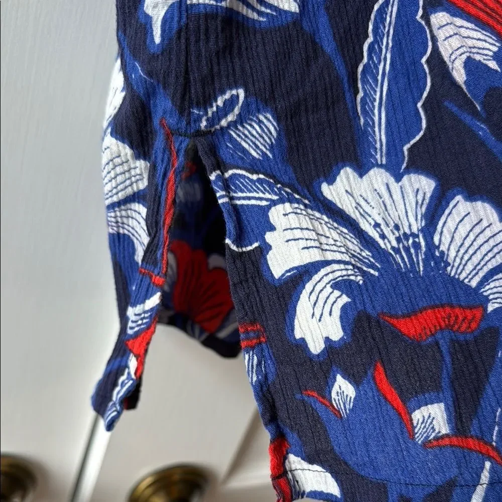J. CREW Floral Tunic Gauzy Crinkle Cotton Split Neck Dress Blue Red White Small